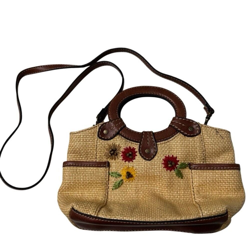 Fossil Straw Raffia Leather Floral Satchel Crossbody Bag Boho Cottagecore